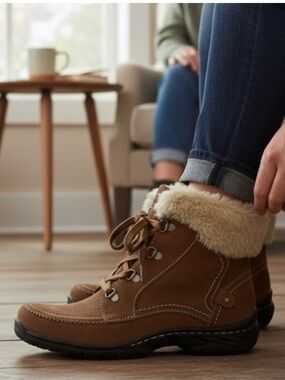 Bass Lonewolf Women 9.5 Tan Suede Faux Fur Trim Lace Up Winter Ankle Boots